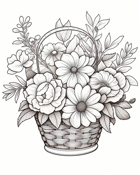 Flower Basket Drawing, Adult Printable Coloring Pages, Coloring Sheets For Adults, Floral Coloring Pages, Flower Coloring Sheets, Colouring Sheets For Adults, Bujo Art, Printable Flower Coloring Pages, Basket Flowers