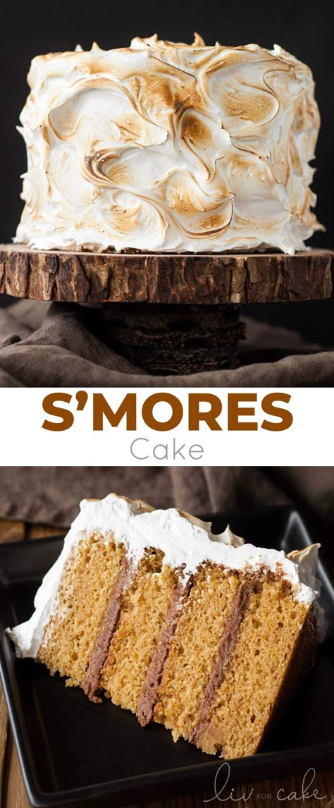 This S'mores Cake is better than the real thing! A graham cracker cake filled with a whipped milk chocolate ganache and topped with toasted marshmallow fluff. | livforcake.com Cracker Cake, Graham Cracker Cake, Homemade Marshmallow Fluff, Recipe Cheesecake, Biscuits Graham, Smores Cake, Milk Chocolate Ganache, Marshmallow Frosting, Bolo Fit