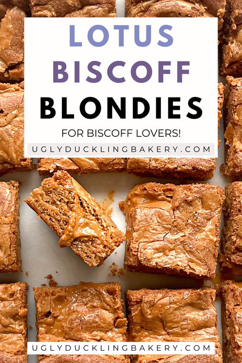 cut biscoff blondies. one is on its side with dripping biscoff cookie butter. The title reads, "Lotus Biscoff blondies for Biscoff lovers." The website name, uglyducklingbakery.com is below. Bischoff Cookie Recipe, Biscoff Blondies Recipe, Biscoff Butter Recipes, Biscoff Blondies, Chunky Cookie Recipe, Biscoff Recipes, Biscoff Cookie Butter, Gooey Cookies, Biscoff Cookies