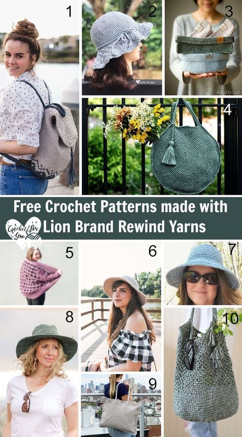 Free Crochet Patterns made with Lion Brand Rewind Yarns - Crochet For You #crochetforyoublog #freecrochetpatterns #lionbrandrewindyarn #freecrochetpatternlinklist Rewind Tape Yarn Patterns, Lion Brand Rewind Tape Yarn Patterns, Rewind Tape Yarn Crochet Patterns, Crochet Project Ideas To Sell, Tape Yarn Crochet Patterns, Crocheted Purses, Make And Do Crew, Handbags Patterns, Yarn Patterns