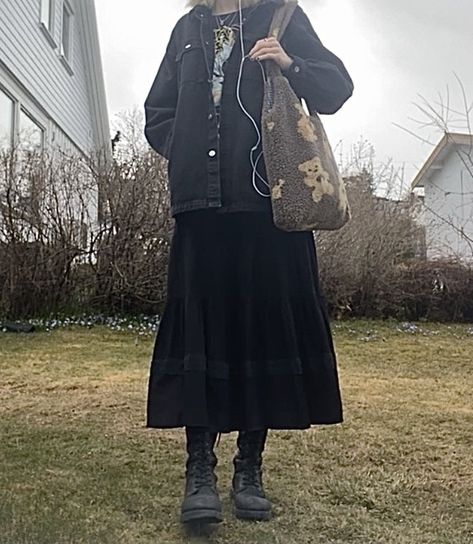 Long Skirt Denim Jacket, Fairy Skirt Outfit Aesthetic, Fits With Boots Aesthetic, Long Black Skirt Grunge Outfit, Styles With Doc Martens, Fairy Grunge Long Skirt Outfit, Grunge With Skirt, Alternative White Outfit, Winter Docs Outfit