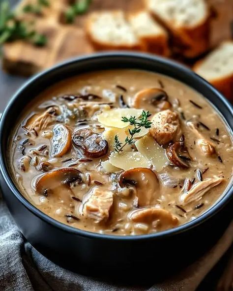 Savory Mushroom and Chicken Wild Rice Soup with Parmesan - Miarecipes Wild Rice Chicken Mushroom Soup, Wild Rice Mushroom Chicken Soup, Mushroom And Rice Soup, Chicken Mushroom Wild Rice Soup, Mushroom Rice Soup, Wild Rice And Mushroom Soup, Mushroom And Chicken, Canned Oysters, Lobster Cream Sauce