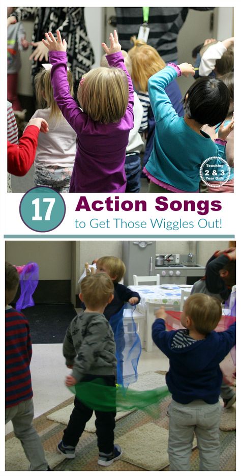 17 action songs for toddlers and preschoolers - perfect for rainy days when you have high-energy kids who need to get the wiggles out! Teaching 2 and 3 Year Olds Action Songs For Toddlers, Toddler Songs With Actions, Preschool Action Songs, 17 Songs, Energy Kids, Music For Toddlers, Songs For Toddlers, Action Songs, Preschool Circle Time