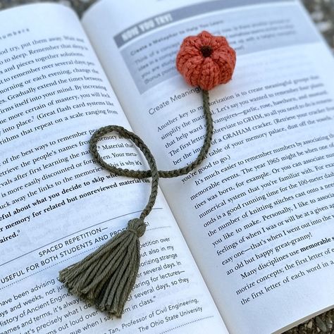 Crochet Pumpkin Bookmark Pattern: Fall Harvest Leaves & Vines Crochet Amigurumi Bookmark, Fall Crochet Ideas Easy, Crochet Fall Bookmark, Crochet Mushroom Bookmark Free Pattern, Crochet Pumpkin Bookmark, Tiny Pumpkin Crochet Pattern Free, Crochet Tiny Pumpkin, Halloween Crochet Bookmarks, Crochet Halloween Bookmark