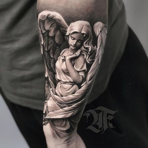 Angel Tattoo Sleeve For Men, Angel Tattoos For Guys, Angel Tattoo Men Arm, Roman Angel Tattoo, Angel Tattoo Realistic, Guardian Angel Tattoo Sleeve, Angel Praying Tattoo, Guardian Angel Tattoo For Men, Angel Statue Tattoo