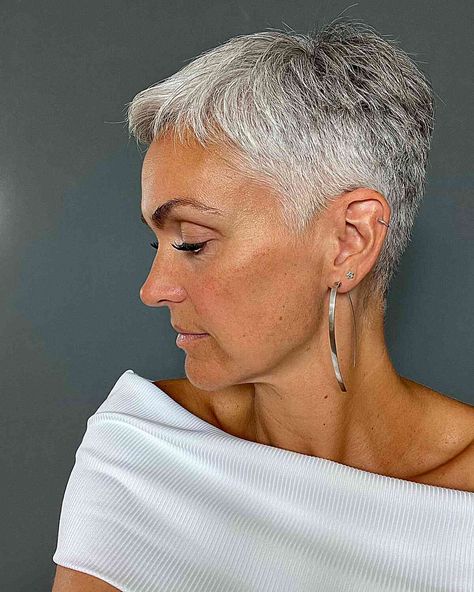 25 Women With Grey Hair Who Got a Stunning Silver Hair Color Transformation Pixie Haircut Grey Hair, Natural Gray Hair Over 50 Black Women, Grey Pixie Haircut, Women With Grey Hair, Short Grey Haircuts, Straight Brunette Hair, Hair Color Transformation, Haircut Gray Hair, Silver Hair Highlights