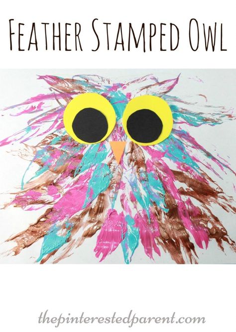 feather stamped painted owl process arts & craft for the kids with a feather Painting Ideas Preschool, Owl Art For Kids, Owl Preschool, Process Art Preschool, Owl Activities, Owl Crafts, Bird Crafts, Feather Crafts, Feather Painting