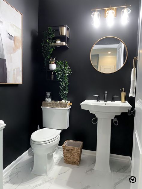 Half Bathroom Inspo Aesthetic, Black Accent Powder Room, Half Bathroom Ideas Dark Paint, Black White Half Bathroom, Half Bathroom Luxury, Black Walls Half Bath, Dark Walls Half Bath, Dark Walled Bathroom, Modern Black Powder Room