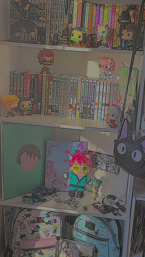 Anime Aesthetic Bedroom, Kawaii Anime Room, Anime Room Background, Pastel Bed, Weeb Room, Room Anime, Manga Shelf, Living Room 2024, Anime Bedroom Ideas