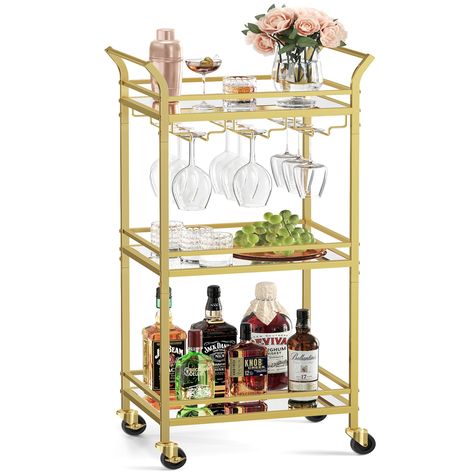 PRICES MAY VARY. [Charming Mirrored Glass Shelves] The mirrored glass shelves on this gold bar cart add a touch of sophistication, beautifully reflecting your wine glasses and bottles, bringing casual elegance to your space [Perfect for Small Spaces] This compact glass bar cart, sized at 11.8”D x 18.4”W x 36.2”H, is just perfect for narrow spaces, allowing you to make the most out of your kitchen, bathroom, study, or apartment, and keeping everything well-organized [Removable Wine Glass Racks] T Mini Bar Cart, Small Bar Cart, Bar Serving Cart, Metal Bar Cart, Gold Bar Cart, Glass Bar Cart, Small Bar, Serving Cart, Bar Mirror