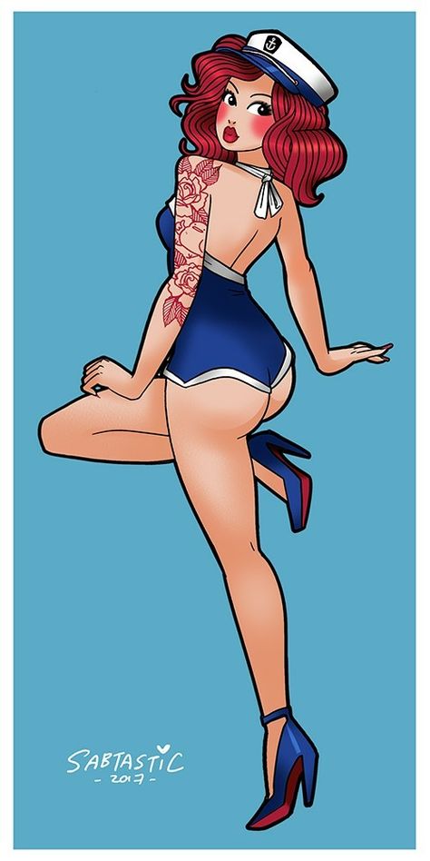 Vintage Pinup Tattoo Ideas, Navy Pin Up Girl Tattoo, Sailor Pinup Tattoo, Sailor Jerry Pin Up Girl, Pin Up Illustration 50's, Vintage Pinup Tattoo, Russ Tattoo, Sailor Jerry Pinup, Pin Up Girl Drawing