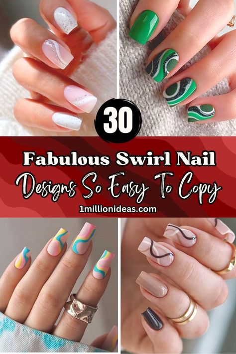 30 Fabulous Swirl Nail Designs So Easy To Copy Chrome Abstract Nails Designs, Nail Art Designs Swirls, Swirl Dip Nails, Autumn Swirl Nails, Abstract Nails Design, Nail Swirl Designs Simple, Nail Swirl Designs, Swirl Gel Nails, Glitter Swirl Nails