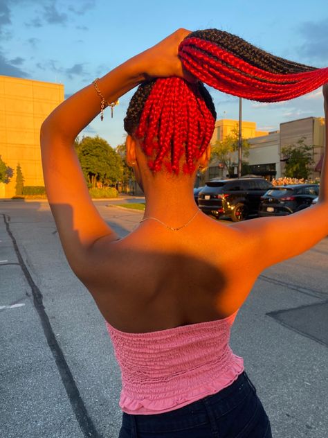 Red Color Braids For Black Women, Red Pikaboo Braids, Black Braids With Red Underneath, Braids Hairstyles Red And Black, Black And Red Hairstyles For Black Women, African Braids Color, Long Black And Red Braids, Box Braids Peekaboo Color Red, Bright Red Braids Black Women