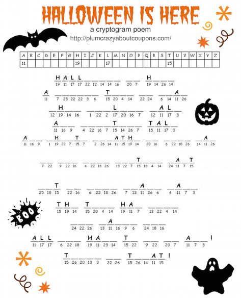 Halloween is just around the corner and today we have some Free Printable Halloween Games for you. We have a Cryptogram, a Maze and a Word Search. Halloween Cryptogram, Free Printable Halloween Games, Printable Halloween Games, Esl Materials, Halloween Activity Sheets, Halloween Puzzles, Halloween Word Search, English Ideas, Free Printable Halloween