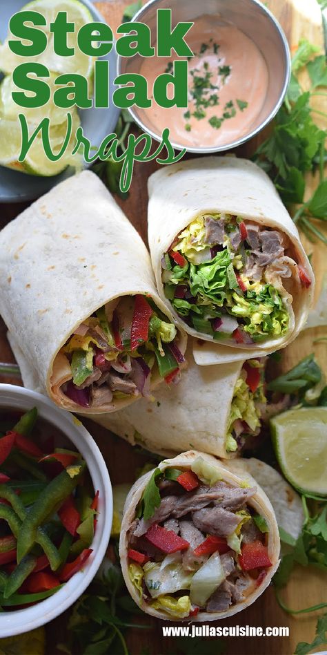 Steak Salad Wraps Grilled Steak Wraps, Steak Wraps Tortillas, Steak Wraps Recipes, Skirt Steak Salad, Wraps Recipes Easy, Healthy Steak, Steak Salad Recipe, Balsamic Steak, Steak Wraps