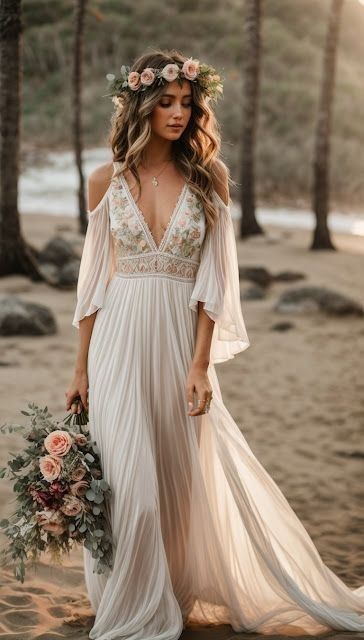 15 Beach Wedding Dresses For Every Type of Bride: The Best 2024 Ideas Boho Outdoor Wedding Dress, Small Forest Wedding Dress, Beachy Vow Renewal Dress, Wedding Dress Boho Chic Romantic, Boho Bride Dress Simple, Fall Beach Wedding Dress, Boho Forest Wedding Dress, Hippie Boho Wedding Dress, Vow Renewal Ideas Dresses