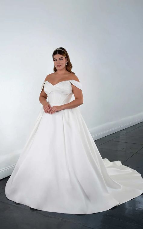 Chic Plus Size Off-the-Shoulder Silk Ballgown Wedding Dress with Long Train Silk Ballgown Wedding Dress, Satin Plus Size Wedding Dress, Wedding Dress With Long Train, Dress With Long Train, Ballgown Wedding Dress, Ballgown Wedding, Chic Plus Size, Martina Liana, Silk Wedding Dress