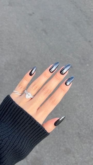 Zola Ganzorigt on Instagram: "Glazed black nails 🖤   Products I used: @opi @opi_professionals  Black Onyx Tin Man Can chrome powder  Stay Shiny gel top coat PS: I’ve got this black chrome powder long time ago on Amazon and don’t remember the name 🫡   #blackchromenails #nailsbyzola" Chrome Black Nails, Black Chrome Nails, Nails Products, Chrome Nails Designs, Chrome Powder, Remember The Name, Tin Man, Gel Top Coat, Hot Nails