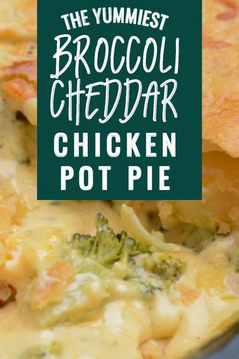 broccoli cheddar chicken pot pie Cheddar Chicken Pot Pie, Easy Cheesy Broccoli, Cheesey Chicken, Cheddar Recipes, Broccoli Cheddar Chicken, Chicken Broccoli Cheese, Creamy Cheese Sauce, Chicken Pot Pie Recipe, Pot Pie Filling