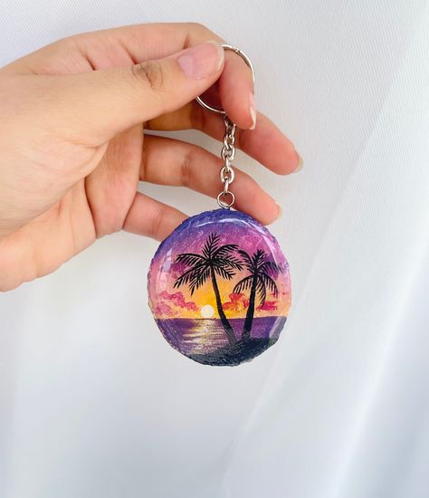 "Hand painted landscape on small wooden disc keychain. 2\"L x 2\"W" Blue Sunset, Purple Sunset, Red Sunset, Crescent Moon Earrings, Mountain Sunset, Mini Canvas Art, Mini Canvas, Moon Earrings, Keychains