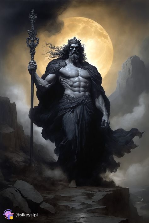 Hades embodies the mystery and unwavering power of the underworld. His stern gaze and dark robes reflect absolute control over the realm of shadows and the souls of the deceased. This image was generated using Stable Diffusion. #HadesGodOfTheDead #LordOfShadows #RulerOfDarkness Hades Greek God Art, Hades God Art, Hades Wallpaper, Greek Mythology Hades, Hades Mythology, Hades Greek God, Hades Underworld, Hades Costume, God Of Darkness