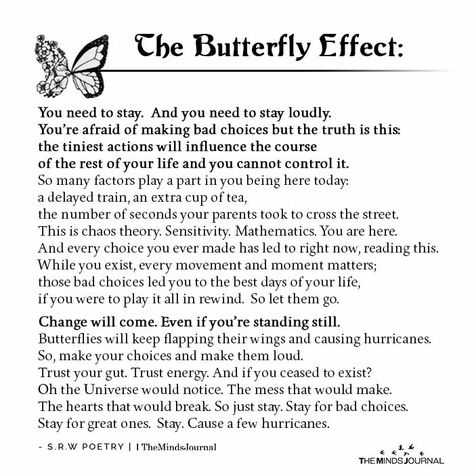 The Butterfly Effect https://themindsjournal.com/the-butterfly-effect/ The Butterfly Effect, Butterfly Quotes, Fina Ord, Butterfly Effect, The Butterfly, Quote Aesthetic, Pretty Words, Pretty Quotes, Thoughts Quotes