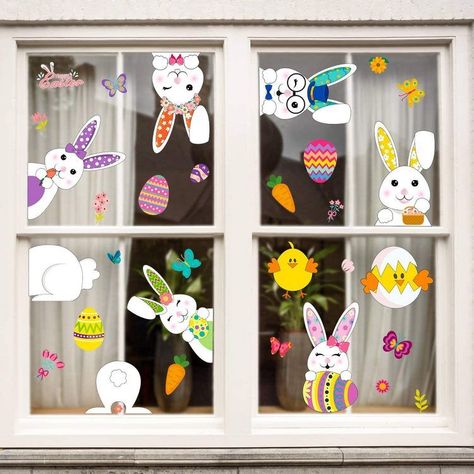 Super easy Easter window decorating ideas with stickers Easter Window Decorations, Happy Easter Decor, Modern Easter Decor, Easter Window, Easter Mantle, Rustic Easter Decor, Easter Wood Crafts, Decoration Vitrine, Easter Stickers