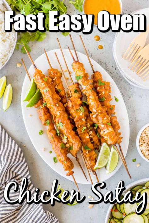 This Fast Easy Oven Chicken Satay will be on your table along with two sides in 30 minutes. The yummy satay recipe with a peanut dipping sauce will fast become a new family favorite. Chicken Skewers In Oven, Easy Chicken Sandwich, Chicken Satay With Peanut Sauce, Chicken Satay Skewers, Chicken Satay Recipe, Satay Recipe, Peanut Dipping Sauce, Chicken Skewer Recipe, Peanut Chicken