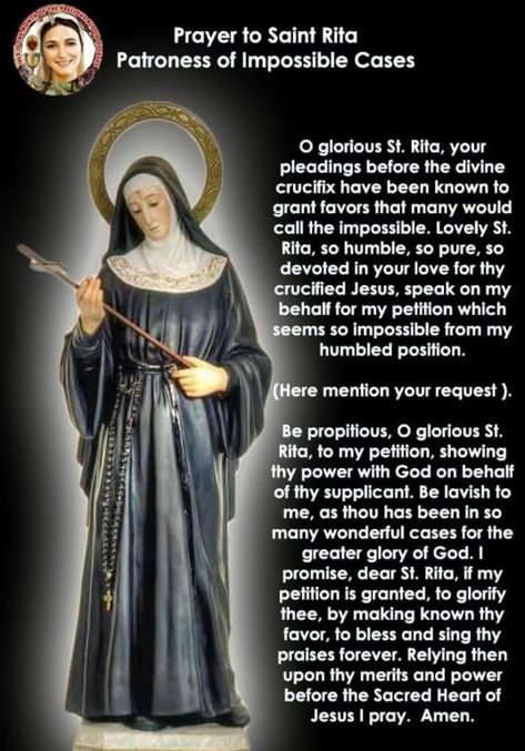 MIRACLE PRAYER TO ST. RITA Patroness of Impossible Cases Sacred Heart Of Jesus Prayer, Divine Mercy Chaplet Prayer, Prayer To St Rita, Rita Of Cascia, Prayer For My Marriage, Holy Spirit Prayer, Catholic Lent, St Rita Of Cascia, St. Rita