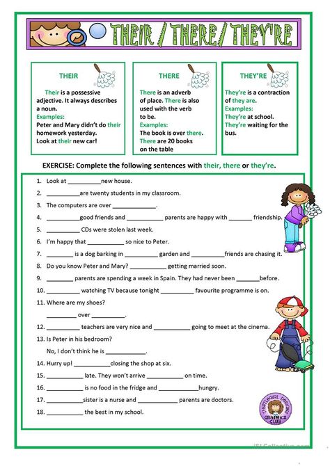 THEIR, THERE & THEY'RE - English ESL Worksheets English Charts, Abc Writing, There Their They're, Verb Examples, Tenses English, Homeschool Writing, English Worksheet, English Grammar Worksheets, School Worksheets