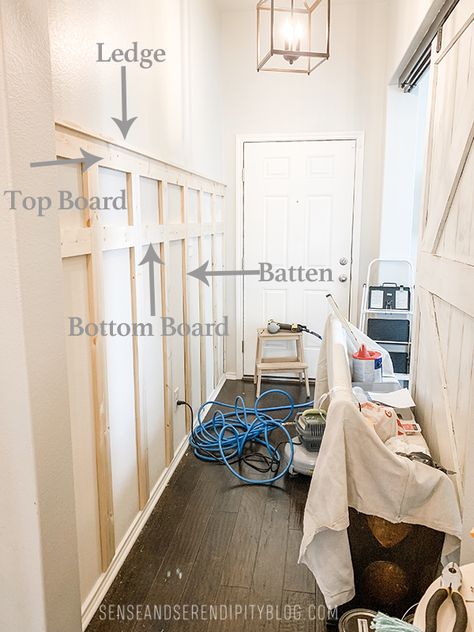 Easy DIY Board and Batten Entryway | Sense & Serendipity Diy Board And Batten Wall Entryway With Hooks, Mirror Above Board And Batten, Entryway With Mudroom, Board And Batten Wall With Hooks Entryway, Tall Board And Batten Hallway, Board And Batten Entry Hallway, Easy Board And Batten Wall Entryway, Board And Batten Entryway Decor, Entryway Wall Board And Batten