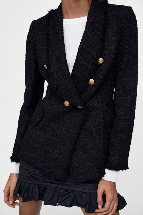 Black Tweed Blazer Outfit, Tweed Blazer Outfit, Tweed Outfits, Zara Tweed Jacket, Zara Tweed Blazer, Moda Kimono, Black Tweed Jacket, Tweed Outfit, Blazer Zara