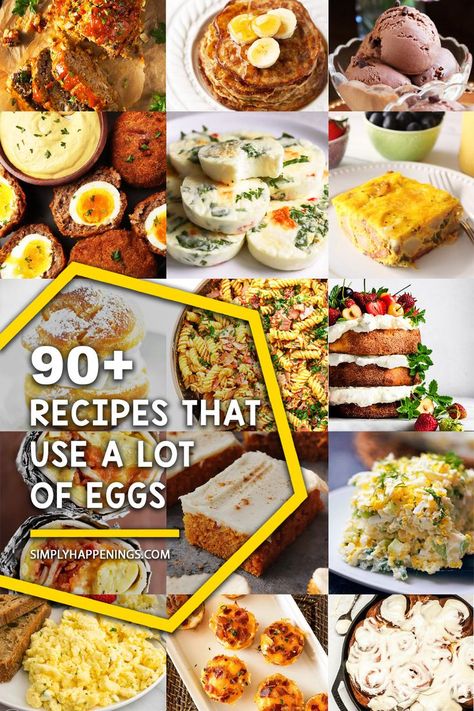 Collage of photos that contain food made with lots of eggs Qual Eggs Recipe, Bulk Egg Recipes, Recipe With Lots Of Eggs, What Can You Make With Egg Yolks, Recipe That Uses Lots Of Eggs, Recipes Using A Lot Of Eggs, Recipes That Use Lots Of Eggs, How To Use Up Eggs, Lots Of Eggs Recipes