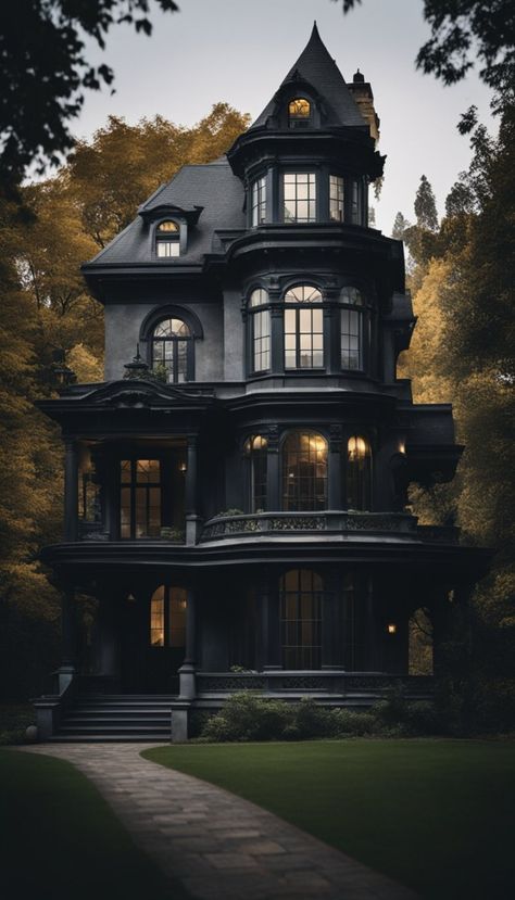 Goth Exterior Home, Black House Exterior Victorian, Black Gothic House, Vampire House Aesthetic, Witch House Ideas, Goth House Exterior, Liminal Space House, Dark Liminal Space, Gothic Home Exterior