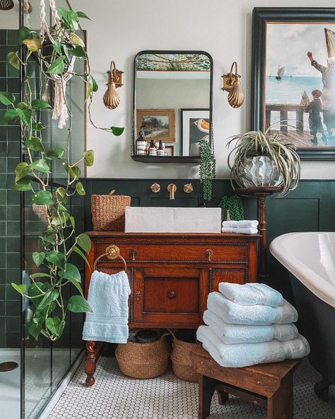 How to furnish your first home the smart way | Bricks & Mortar | The Times Small Bathroom Wainscoting Ideas, Vintage Decor Bathroom, Green Bathrooms Inspiration, Bathroom Wainscoting Ideas, Modern Vintage Bathroom, Earthy Bathroom, Dark Green Bathrooms, Merry Monday, Eclectic Bathroom