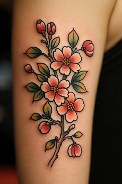 Discover the timeless beauty of cherry blossom tattoos for women. From delicate shoulder designs to intricate full sleeve masterpieces, these floral tattoos exude elegance and grace. Whether you choose a cherry blossom tattoo on your back, thigh, or arm, you'll embrace the symbol of renewal and feminine power. Let the soft petals and vibrant colors of cherry blossoms inspire your next ink masterpiece. Explore the allure of cherry blossom tattoo artistry – perfect for expressing your inner streng Traditional Cherry Blossom Tattoo Design, American Traditional Cherry Blossom, Cherry Blossom Butterfly, Neo Trad Cherry Blossom, Neotraditional Cherry Blossom, Neo Traditional Cherry Blossom, Cherry Blossom Flash Tattoo, Cherry Blossom Tattoo Neo Traditional, Red Cherry Blossom