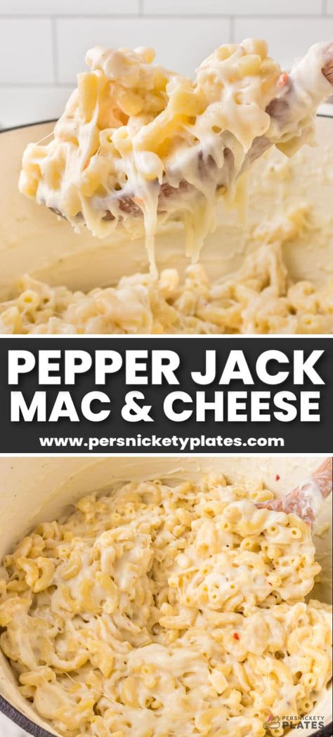 Pepper Jack Mac And Cheese Recipe, Pepper Jack Mac And Cheese, Spicy Cheese Sauce, Unique Pasta Dishes, Persnickety Plates, Spicy Mac And Cheese, Easy Mac N Cheese, Crockpot Mac And Cheese, Cheesy Mac And Cheese