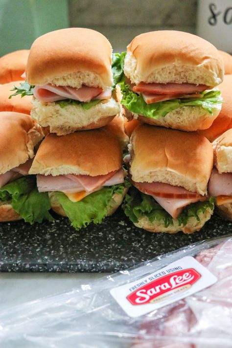 Ham and Turkey Sliders (make-ahead sandwiches for lunch) - Fab Everyday Deli Sliders Cold, Sandwich For A Crowd Make Ahead, Make Ahead Picnic Sandwiches, Cold Turkey Sliders On Hawaiian Rolls, Small Party Sandwiches, Party Sandwiches Make Ahead Cold, Cold Sliders Recipes Hawaiian Rolls, Club Sliders Recipes Hawaiian Rolls, Club Sandwich Sliders