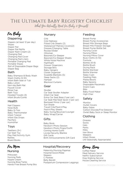 Foods For Fertility, Baby Registry Checklist Printable, Ultimate Baby Registry Checklist, New Baby Checklist, Baby Essential Checklist, Best Baby Registry, Registry List, Baby Registry List, Baby Shower Registry