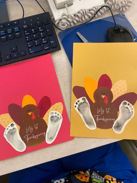 November Themes For Infants, November Infant Bulletin Board Ideas, Fall Ideas For Infants, Fall Art Crafts For Infants, My First Thanksgiving Craft Baby, Turkey Feet Craft, Thanksgiving Activities Infants, Nicu Thanksgiving Crafts, November Art For Babies