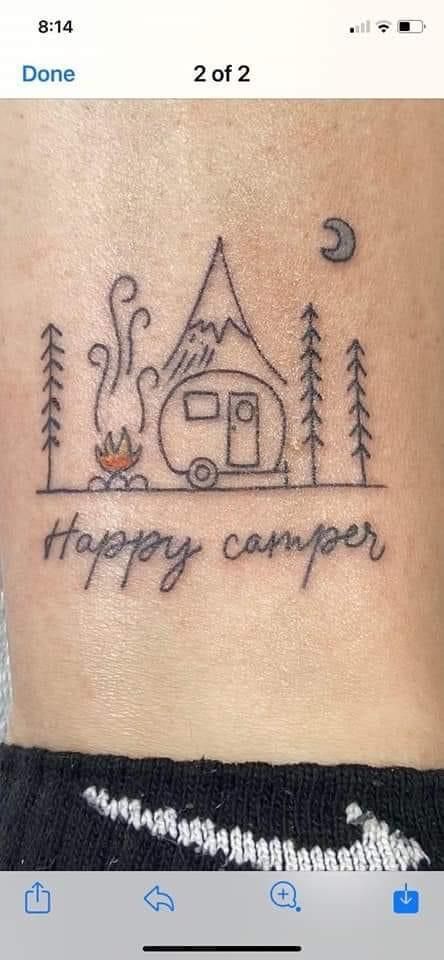 Vintage Camper Tattoo, Happy Camper Tattoo, Camping Tattoo Ideas Simple, Camping Inspired Tattoo, Camper Tattoos, Small Camping Tattoo, Camper Tattoo Ideas, Camping Tattoo For Women, Caravan Tattoo