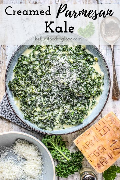 Parmesan Creamed Kale for a festive and slightly decadent #sidedish. #kale #parmesan #christmasfood #parmigianoreggiano #easyrecipe Creamy Kale Recipes, Cream Kale Recipes, Boiled Kale Recipes, Creamed Kale Recipes, Cream Kale, Creamy Kale, Creamed Kale, Salad Kale, How To Cook Kale