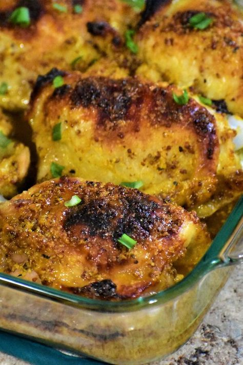 Baked Curry Chicken, Curry Chicken Thighs, Honey Mustard Chicken Thighs, Mustard Chicken Thighs, Honey Mustard Chicken Recipes, Mustard Chicken Recipes, Chicken Breast Crockpot Recipes, Slow Cooker Chicken Thighs, Crockpot Chicken Breast