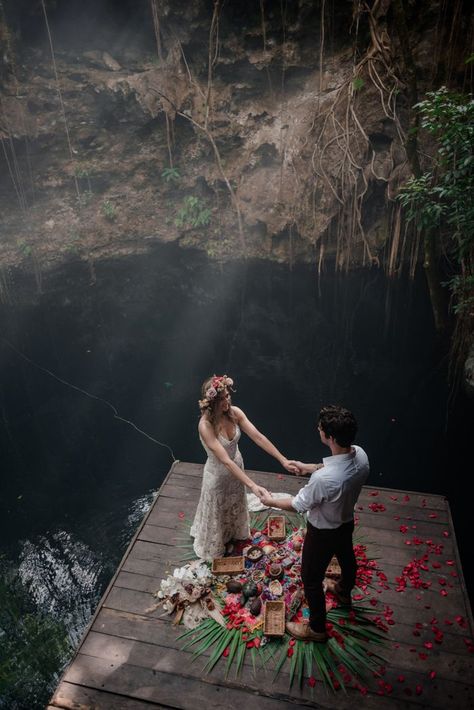 This couple ditched traditional wedding plans and opted for a spiritual experience in a Tulum cenote | Images by That Moment Photo + Andre Gouin Irish Wedding Traditions Handfasting, Bobo Wedding, Cenote Wedding, Dark Wedding Theme, Pagan Wedding, Riviera Maya Weddings, Tulum Wedding, Boda Mexicana, Hippie Wedding