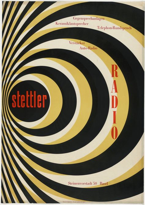 Hermann Eidenbenz. Stettler Radio. c. 1946. Lithograph. 50 3/8 x 35 1/2" (128 x 90.2 cm). Grafica A.G., Basel. Gift of the designer. 1456.2000. © 2017 M. Eidenbenz, Zürich. Architecture and Design Radial Design, Advertising Posters, Graphic Design Student, Vintage Advertising Posters, Generative Design, Music Wall Art, Vintage Graphic Design, Mid Century Art, Vintage Advertising