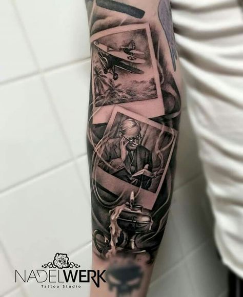 Photography Sleeve Tattoo, Poloroid Tattoo Pictures, Polaroid Tattoo Sleeve, Poloroid Tattoo Idea, Polaroid Tattoo Design, Polaroid Tattoo Ideas, Trophy Tattoo, Photograph Tattoo, Polaroid Tattoo