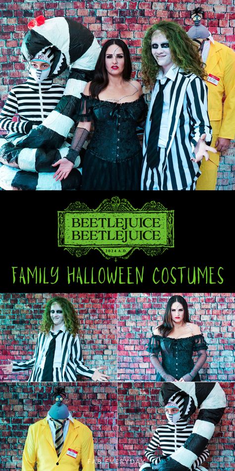 If you're looking for Beetlejuice group costumes or Beetlejuice family costume ideas, these Beetlejuice movie Halloween costumes are easy to put together! We have a Beetlejuice Halloween costume, a Beetlejuice Delores costume (Beetlejuice wife costume inspired by the character in the new movie), a Beetlejuice Bob costume (the shrunken head guy), and a fun DIY Beetlejuice sandworm costume. Click or visit FabEveryday.com for all the details to inspire your own family Beetlejuice Halloween costume! Beetlejuice Wife, Delores Costume, Beetlejuice Family Costume, Sandworm Costume, Diy Beetlejuice, Beetlejuice Characters, Beetlejuice Halloween Costume, Family Costume Ideas, Juice Movie