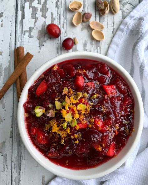 Easy to make Homemade Cranberry Sauce in 15 minutes! Infused with fresh orange and cinnamon. Bursting with bites of tangy-sweet cranberries apples and pistachios - you can't get this flavor from a can! #cranberrysauce #thanksgiving #thanksgivingsides #homemadecranberrysauce #cranberries #sidedish #agoudalife Paleo Cranberry Sauce, Maple Cranberry Sauce, Easy Cranberry Sauce, Cranberry Orange Sauce, Medium Recipe, Fresh Cranberry, Cranberry Sauce Recipe, Onion Relish, Cranberry Sauce Homemade