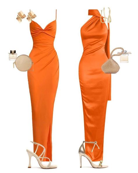 Orange Classy Outfits, Orange Classy Dress, Orange Dress Elegant, Orange Dresses Wedding, Colombia Wedding Guest Dress, Orange Elegant Dresses, Orange Soiree Dresses, Orange Dress Outfit Wedding Guest, Orange Formal Outfit