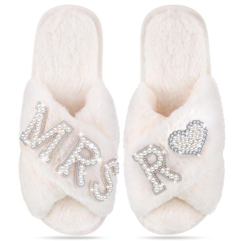 PRICES MAY VARY. Letters Bridal Slippers: our wedding slippers are designed in a variety of letter styles, you can choose your personalized initial slippers, and they are suitable for bridal shower, bridesmaid party, bridal party, also ideal for sleeping, bathing and leisure, comfortable and wear resistant, let you wear the feeling of clouds, white fluff and shining rhinestones can easily match your morning gown, let you shine at any time One Size Fits Most: the bride slippers measure about 9.65 Wedding Slippers For Bride, Wedding Day Letter, Pearl Slippers, Slippers Wedding, Letter Styles, Bridesmaid Slippers, Bridal Slippers, Bride Slippers, Shower Slippers